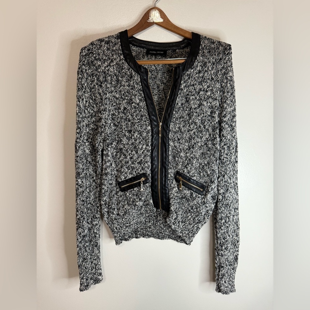 Ivanka Trump Black and Gray Cardigan faux leather accents in size large